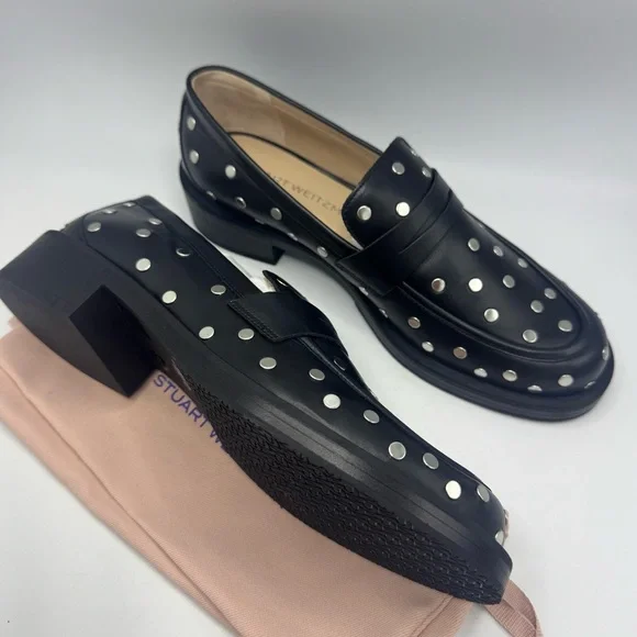 STUART WEITZMAN Palmer Bold Studded Leather Loafers Size 9 Black